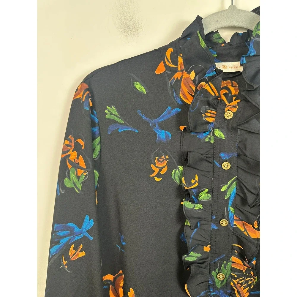 Tory Burch Shirt Dress Womens 10 Black Floral NWOT Ruffle High-Low 74814